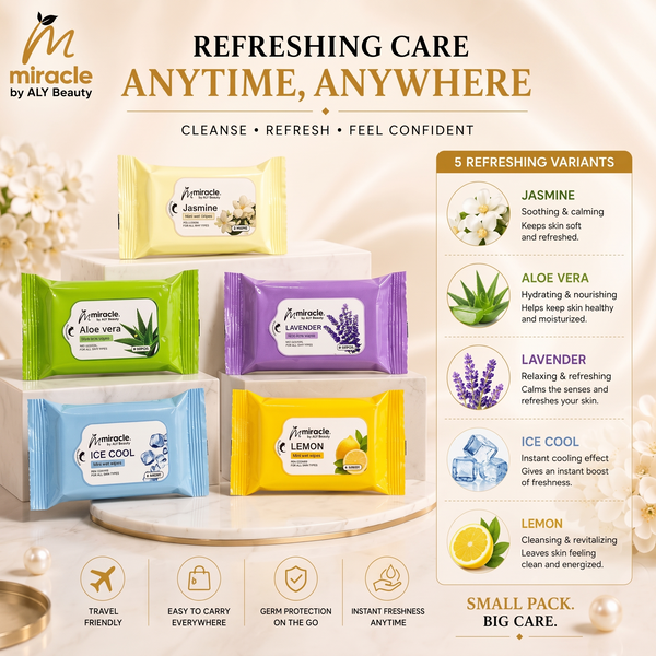 Pocket Wet Wipes Pack of 5 | Travel Wipes for On-the-Go Freshness | Miracle by ALY Beauty