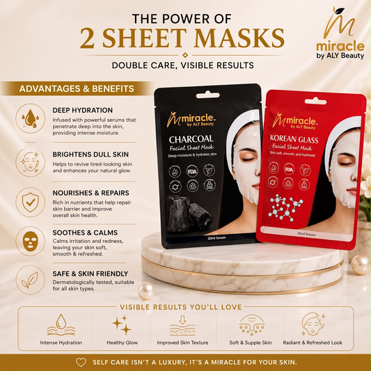 Face Sheet Mask Combo | Korean Glass Skin & Charcoal | Miracle by ALY Beauty