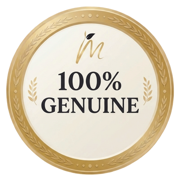 A circular gold and cream badge with the text '100% GENUINE' and a stylized 'm' logo, shown on a plain white background.