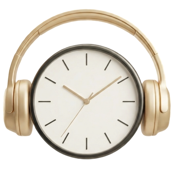 A novelty wall clock shaped like over-ear headphones, featuring a round off-white clock face with black minimalist hour markers and gold-tone hands, set against a solid white background.