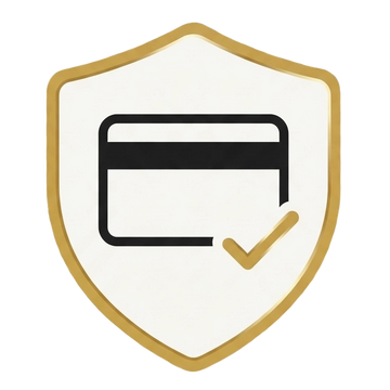 A minimalist shield icon with a gold border, white fill, a black credit card symbol, and a gold checkmark on a plain white background.