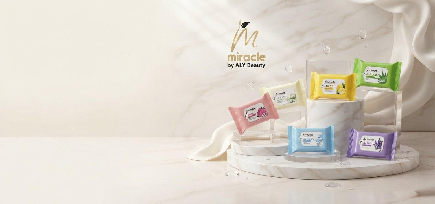 Six colorful skincare sheets from Miracle by ALY Beauty are displayed on a white marble pedestal against a soft, light marble background with draped fabric.