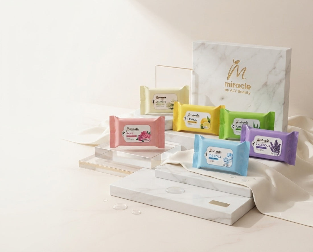 A set of Miracle by Ais Beauty facial cleansing wipes in assorted pastel colors, arranged on clear acrylic and white marble blocks in front of their branded packaging box.