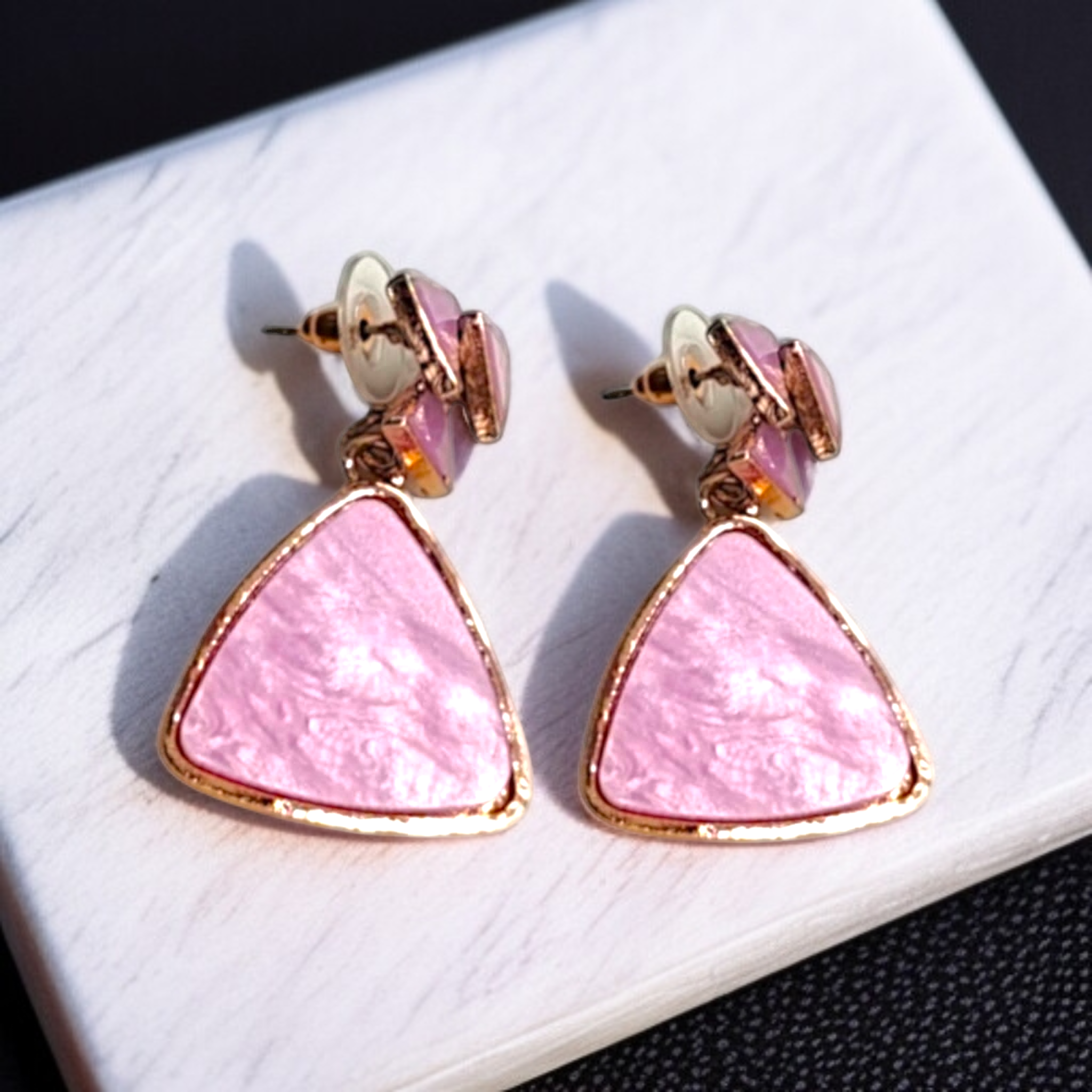 Elegant Pink Triangle Stone Drop Earrings