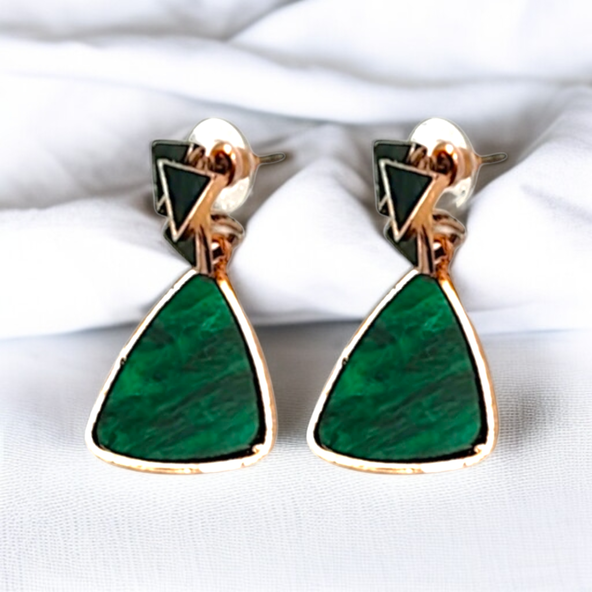 Geometric Green Stone Drop Earrings