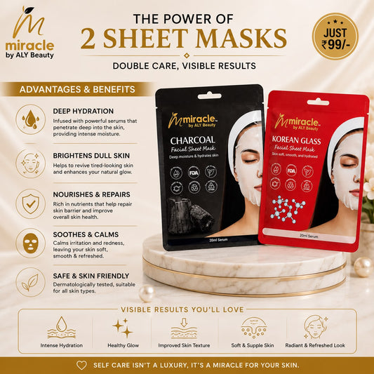 Face Sheet Mask Combo | Korean Glass Skin & Charcoal | Miracle by ALY Beauty