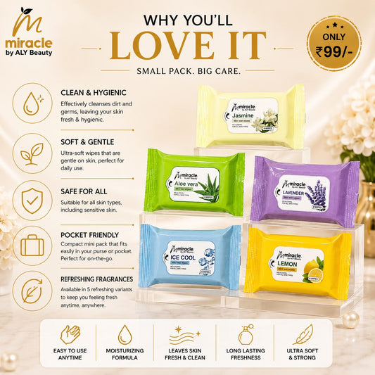 Pocket Wet Wipes Pack of 5 | Travel Wipes for On-the-Go Freshness | Miracle by ALY Beauty